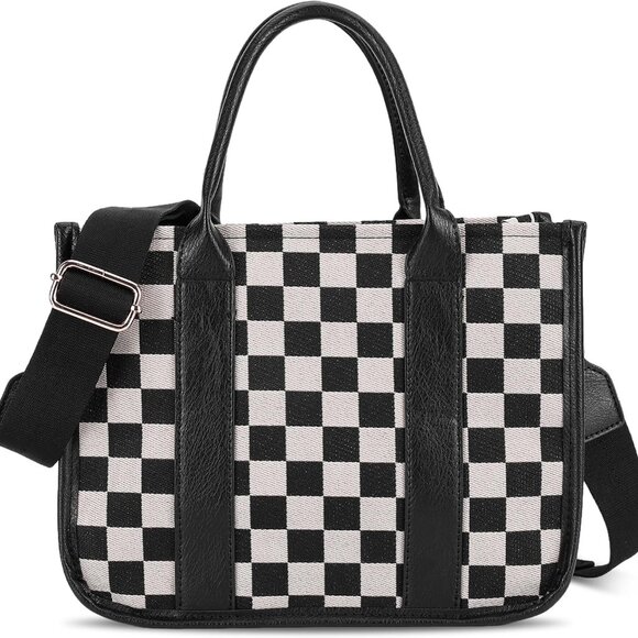 Checkered Canvas Crossbody Bag Women Adjustable Strap Multiple Pockets - Picture 1 of 6